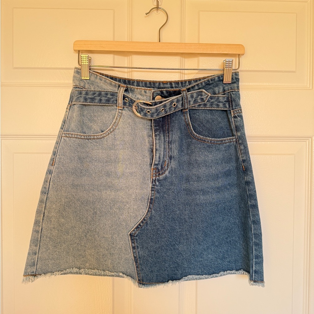 Cider Blue Mini A-line Skirt with Tie Front and Asymmetrical Hem